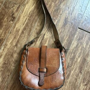 Vintage Brown Tooled Leather Floral Embossed Women's Bag